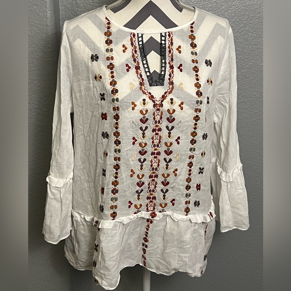 Laundry by Shelli Segal size large embroidered linen top like new